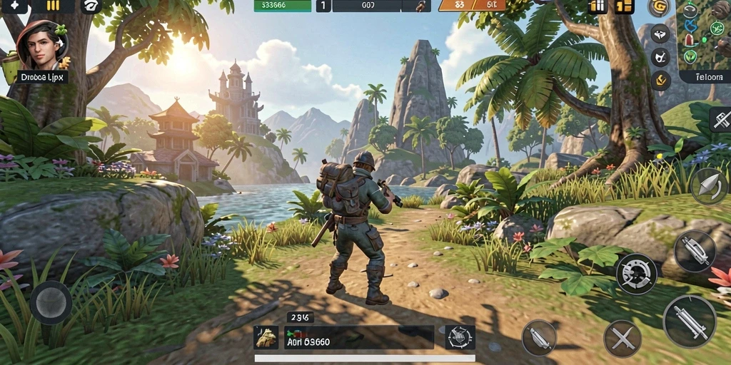 Screenshot gameplay 333666 menunjukkan eksplorasi dunia terbuka yang indah.