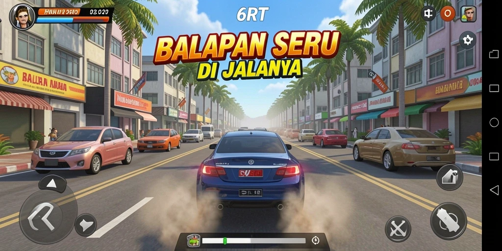 Screenshot gameplay balap seru dalam 6RT menunjukkan mobil yang melaju kencang.