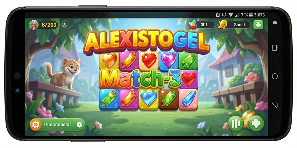 Tangkapan layar utama ALEXISTOGEL menampilkan gameplay Match-3 yang menarik.