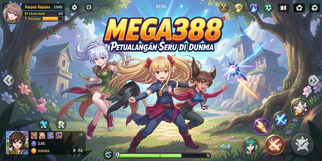 Tampilan gameplay MEGA388 yang penuh warna dan dinamis.