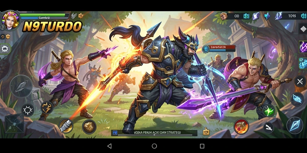Screenshot menampilkan pertarungan seru di N9TURBO dengan strategi MOBA.